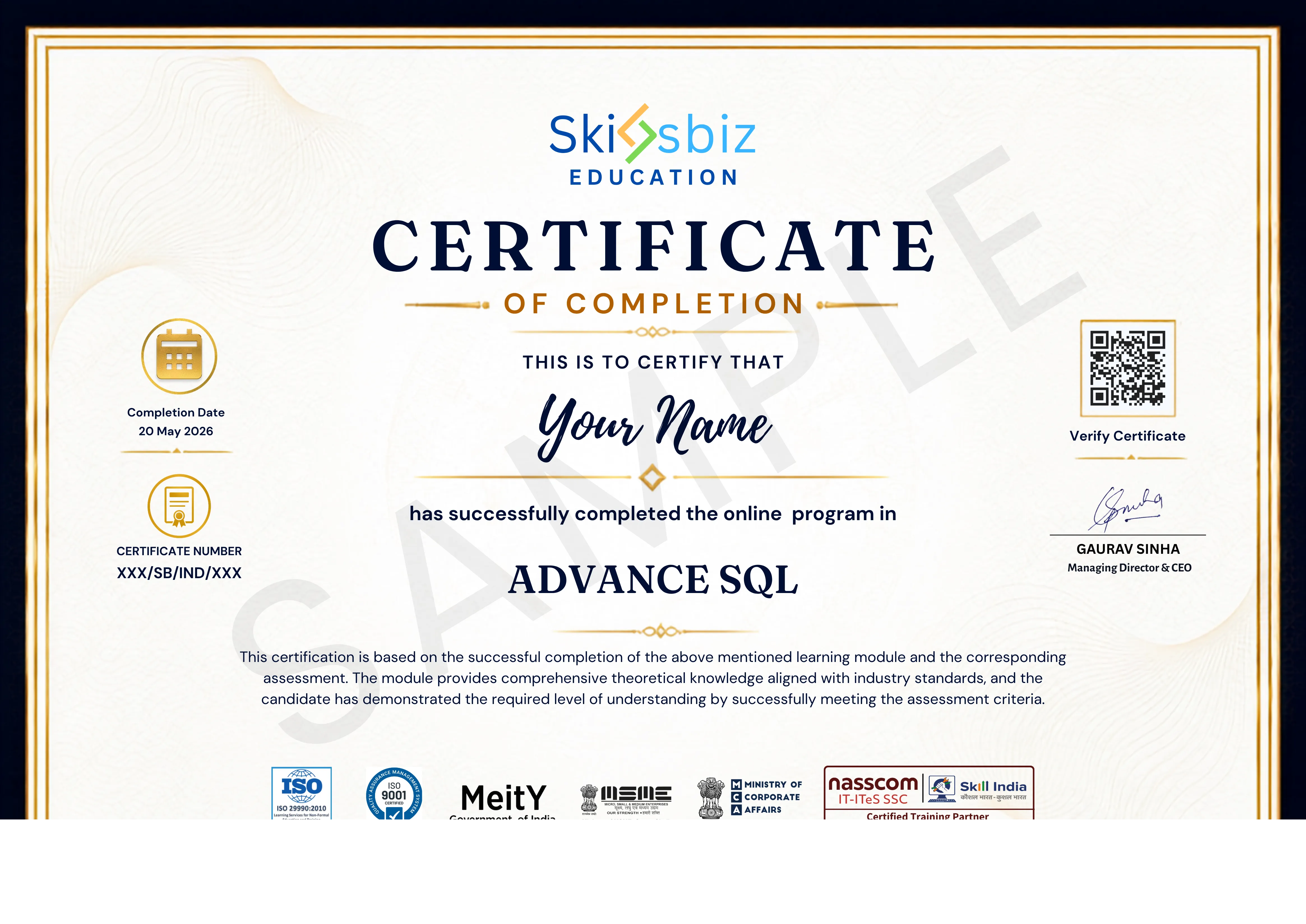Advanced SQL Certification for Data Analysis and BI sample certificate