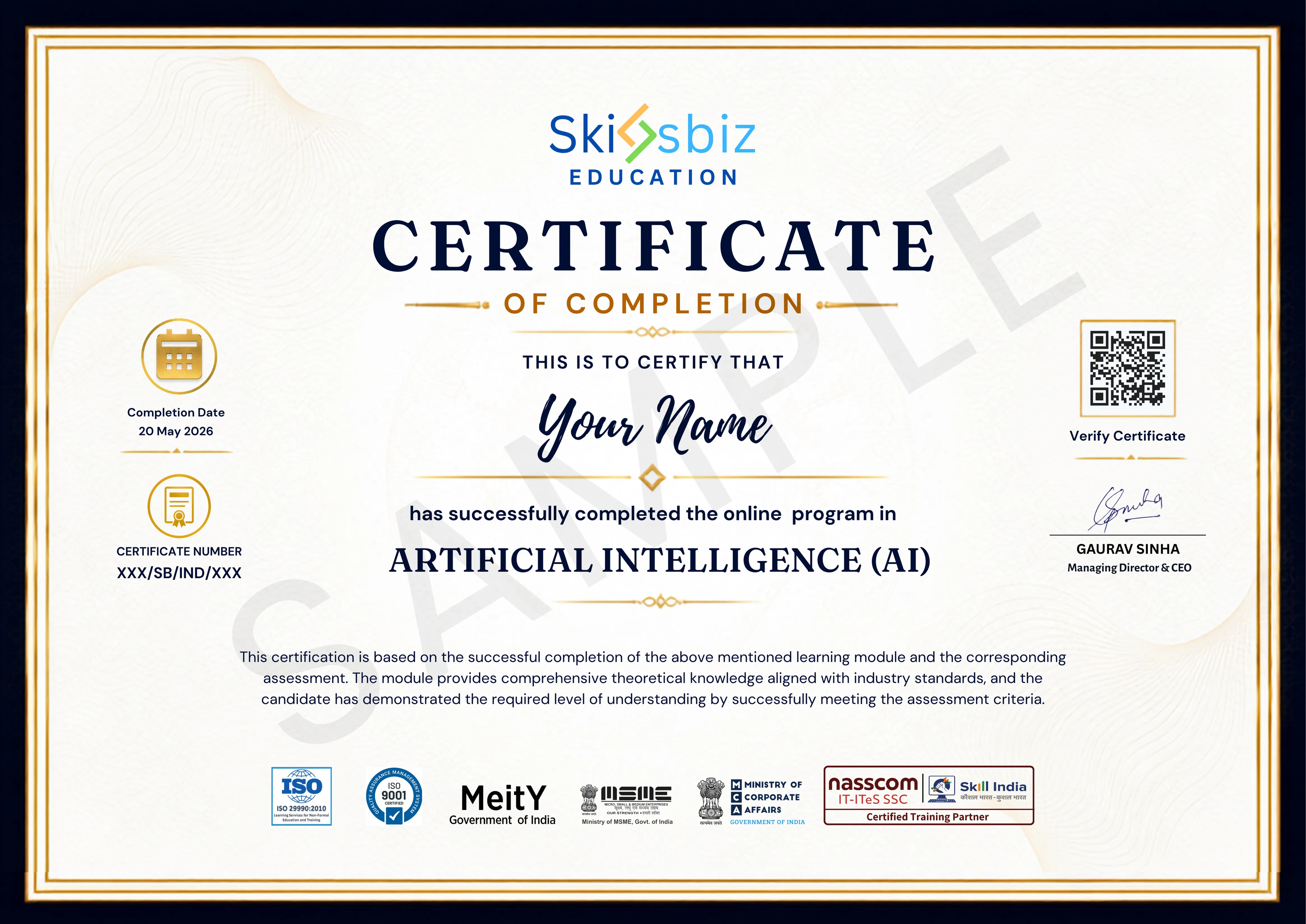 Artificial Intelligence (AI) Certification sample certificate