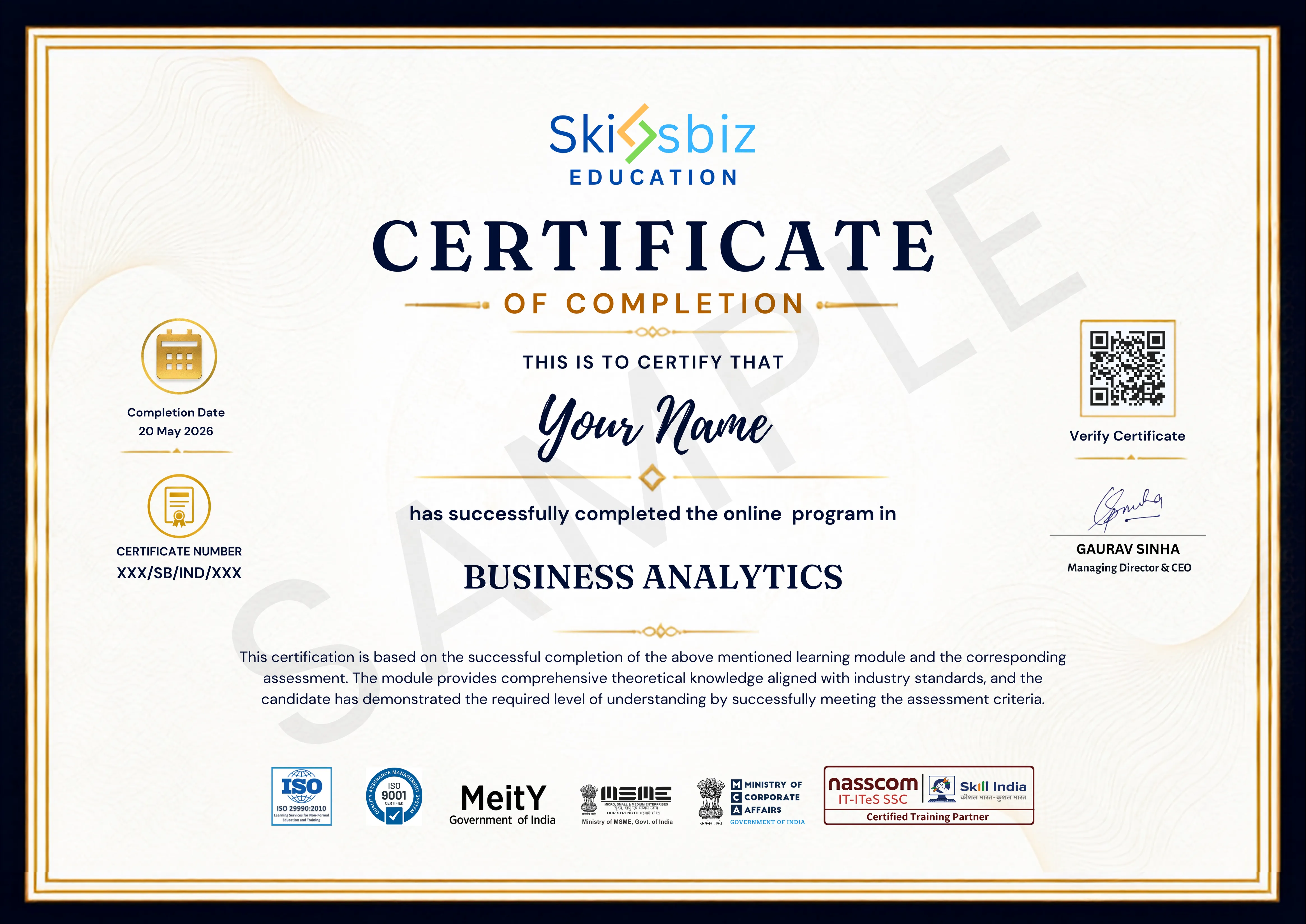 Business Analytics Certification sample certificate