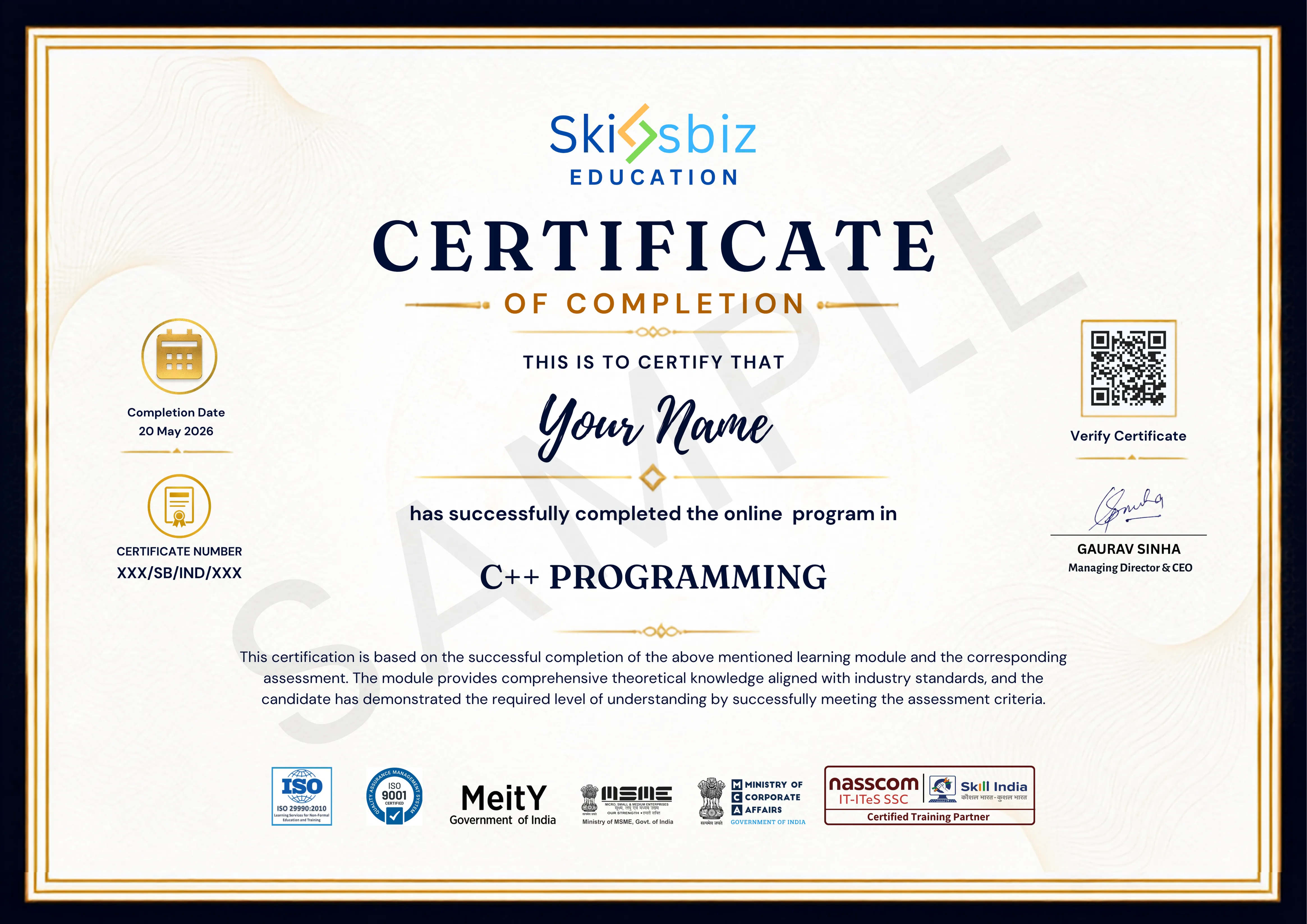 C++ Programming Course: Master Modern Coding Skills sample certificate