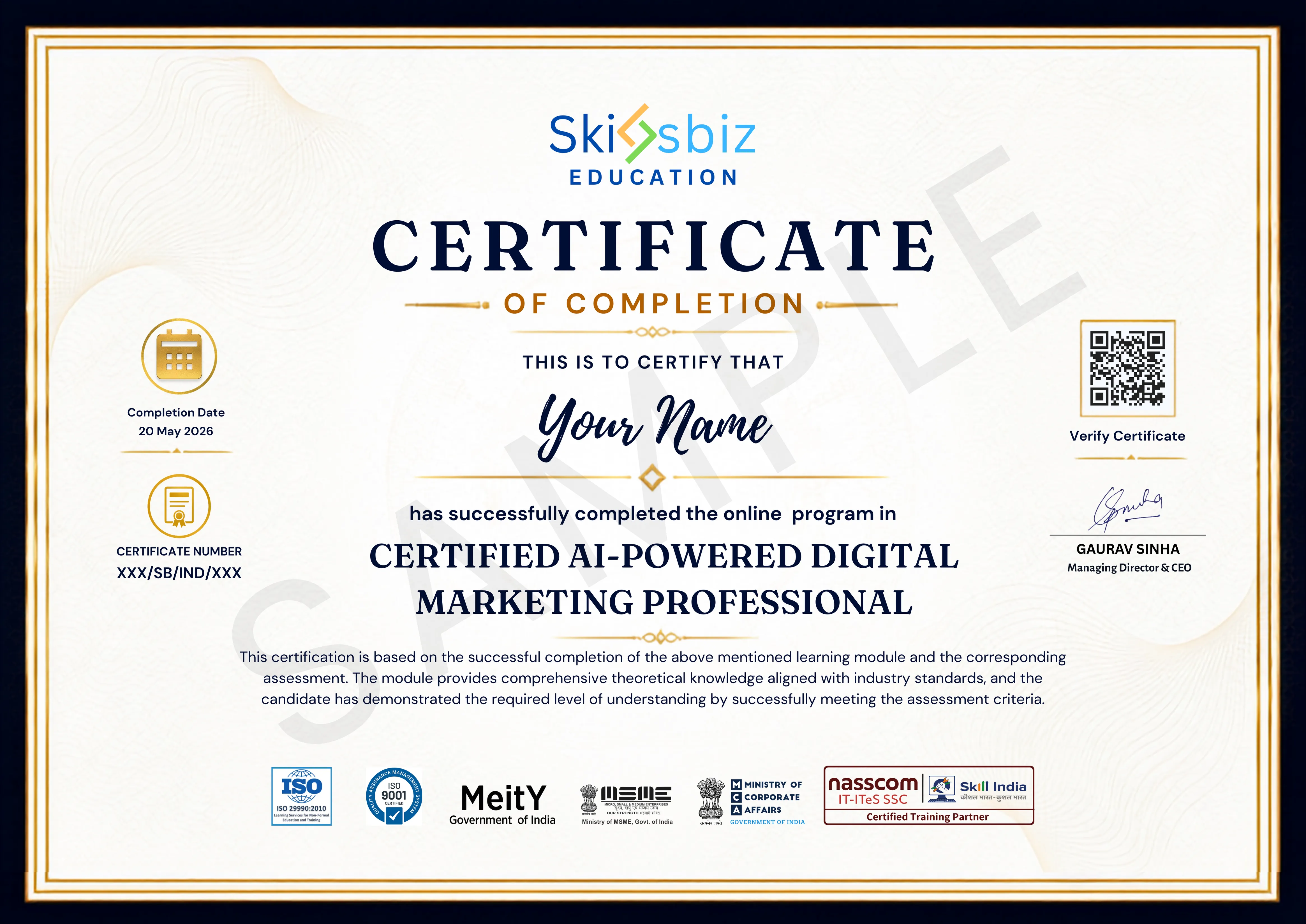 Certified AI-Powered Digital Marketing Professional sample certificate