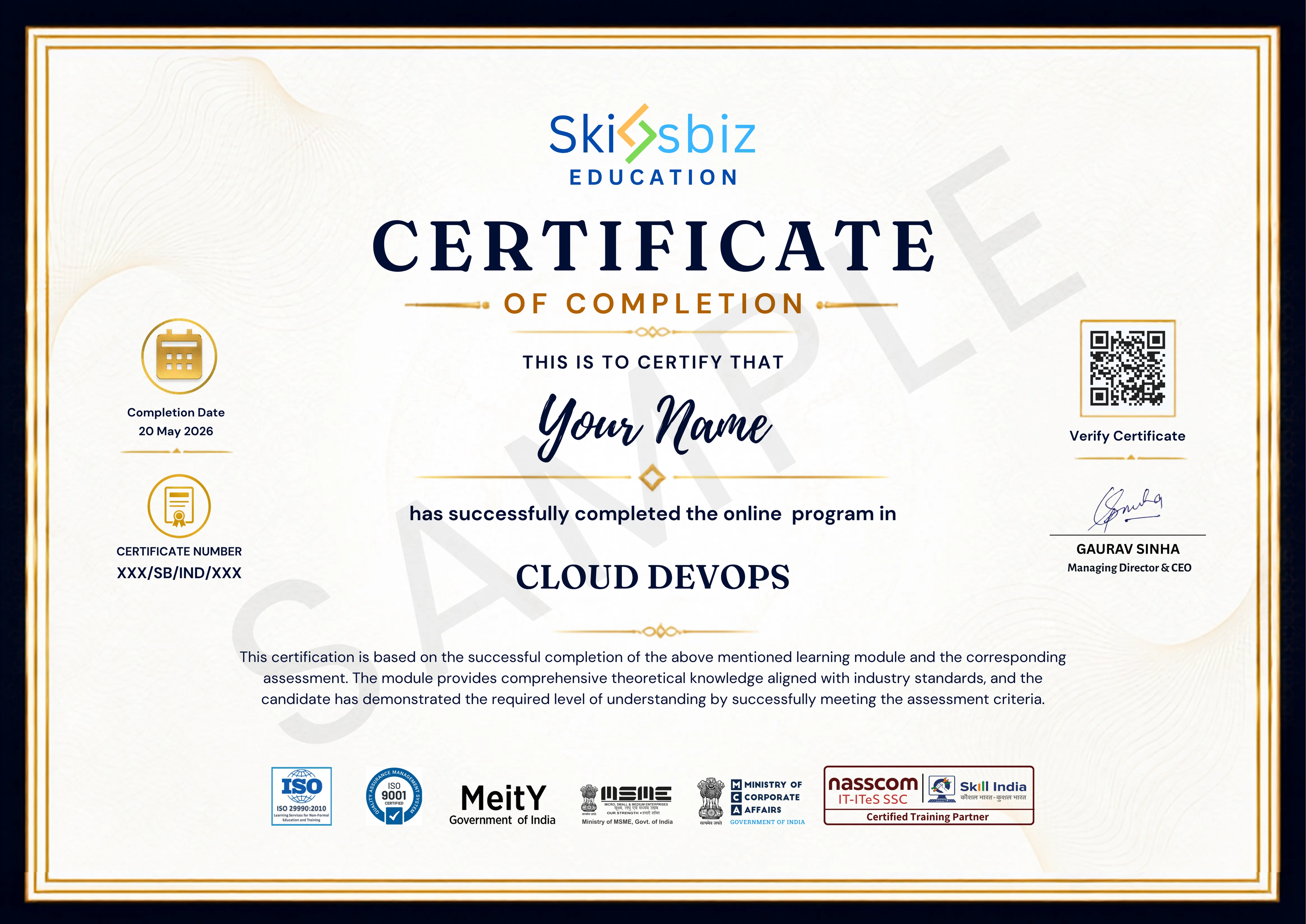 Cloud DevOps Professional Certification Course sample certificate