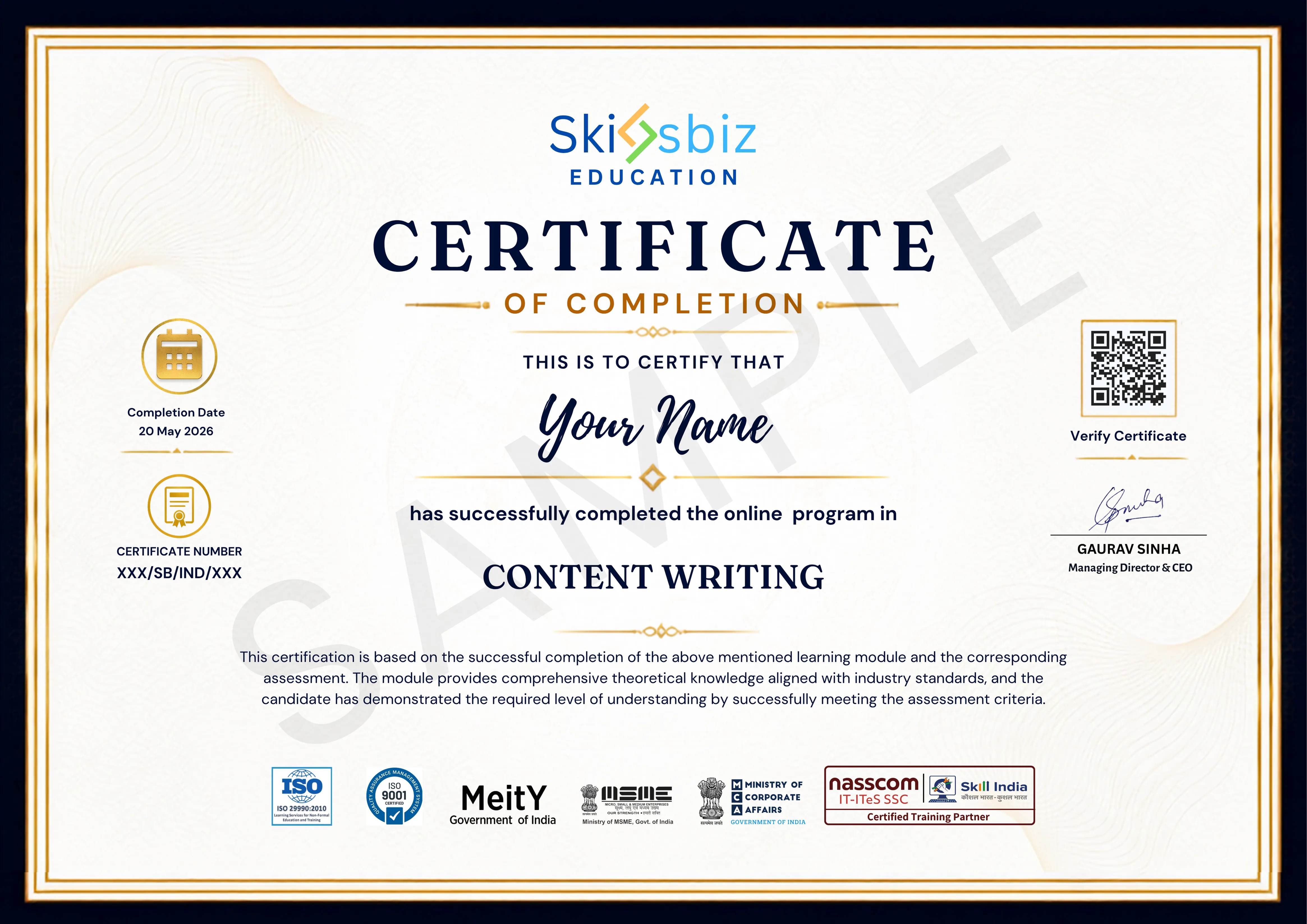 Professional Content Writing Course for Career Growth sample certificate