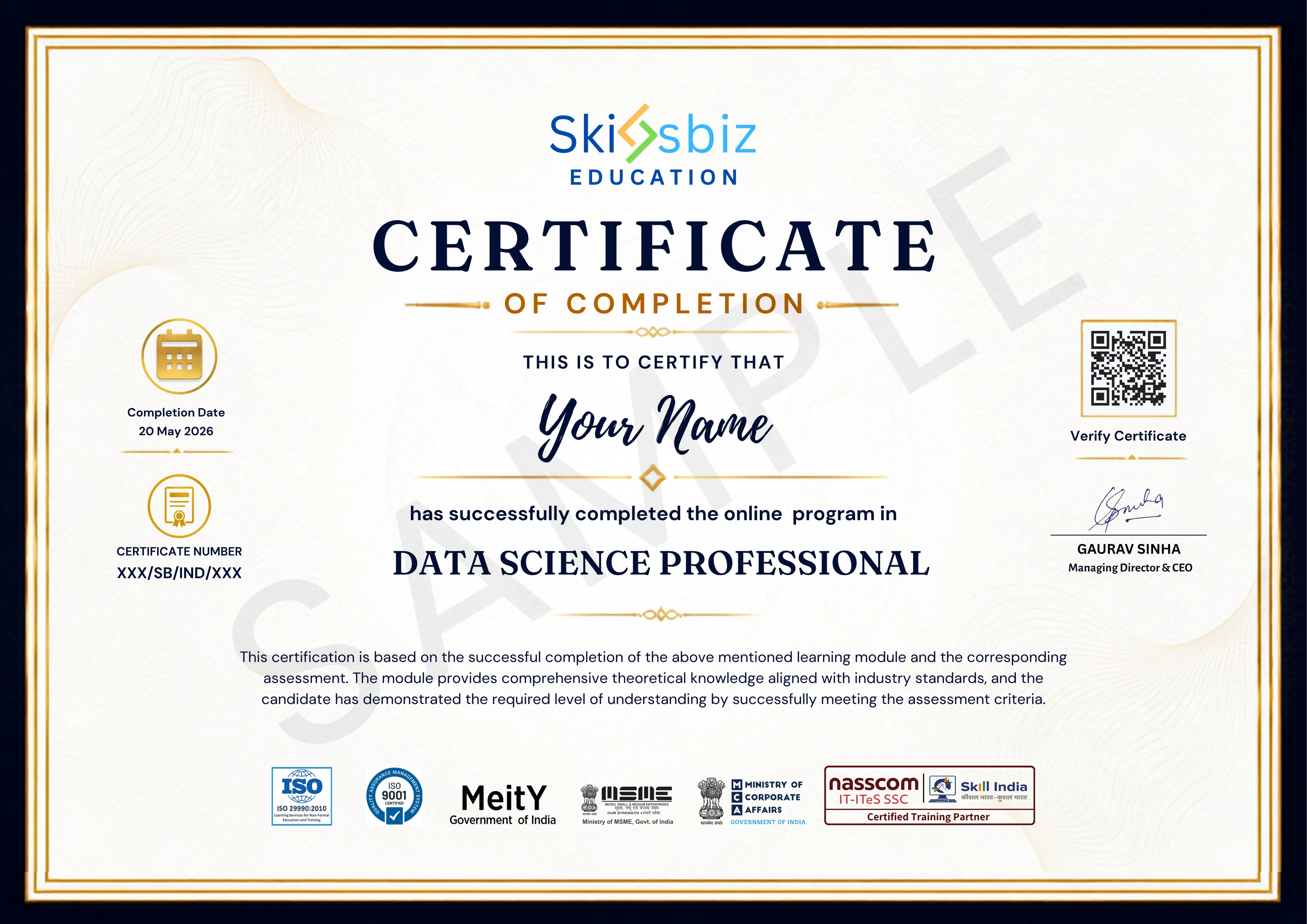 Master Data Science with Professional Certification sample certificate