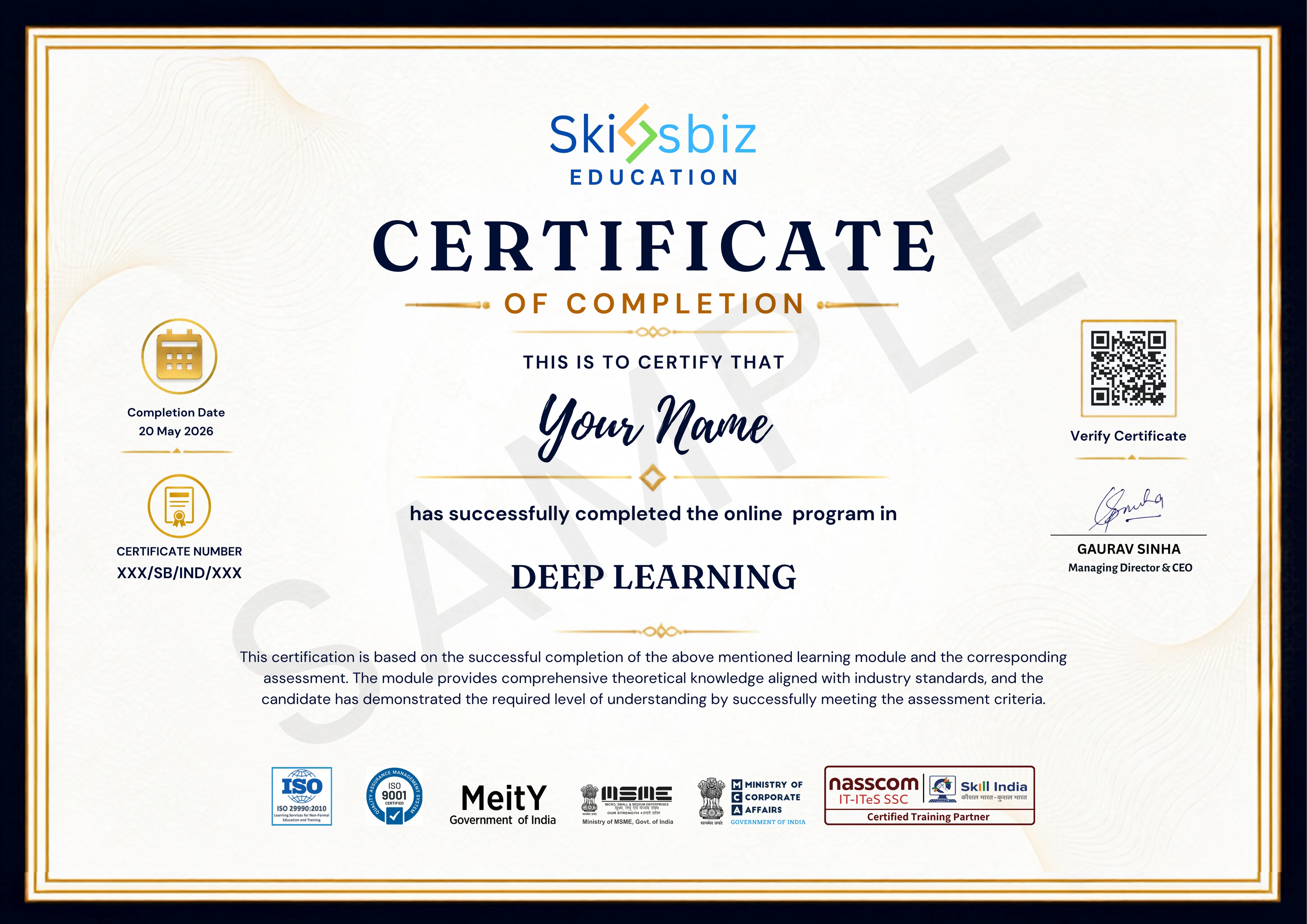 Deep Learning with Certification sample certificate