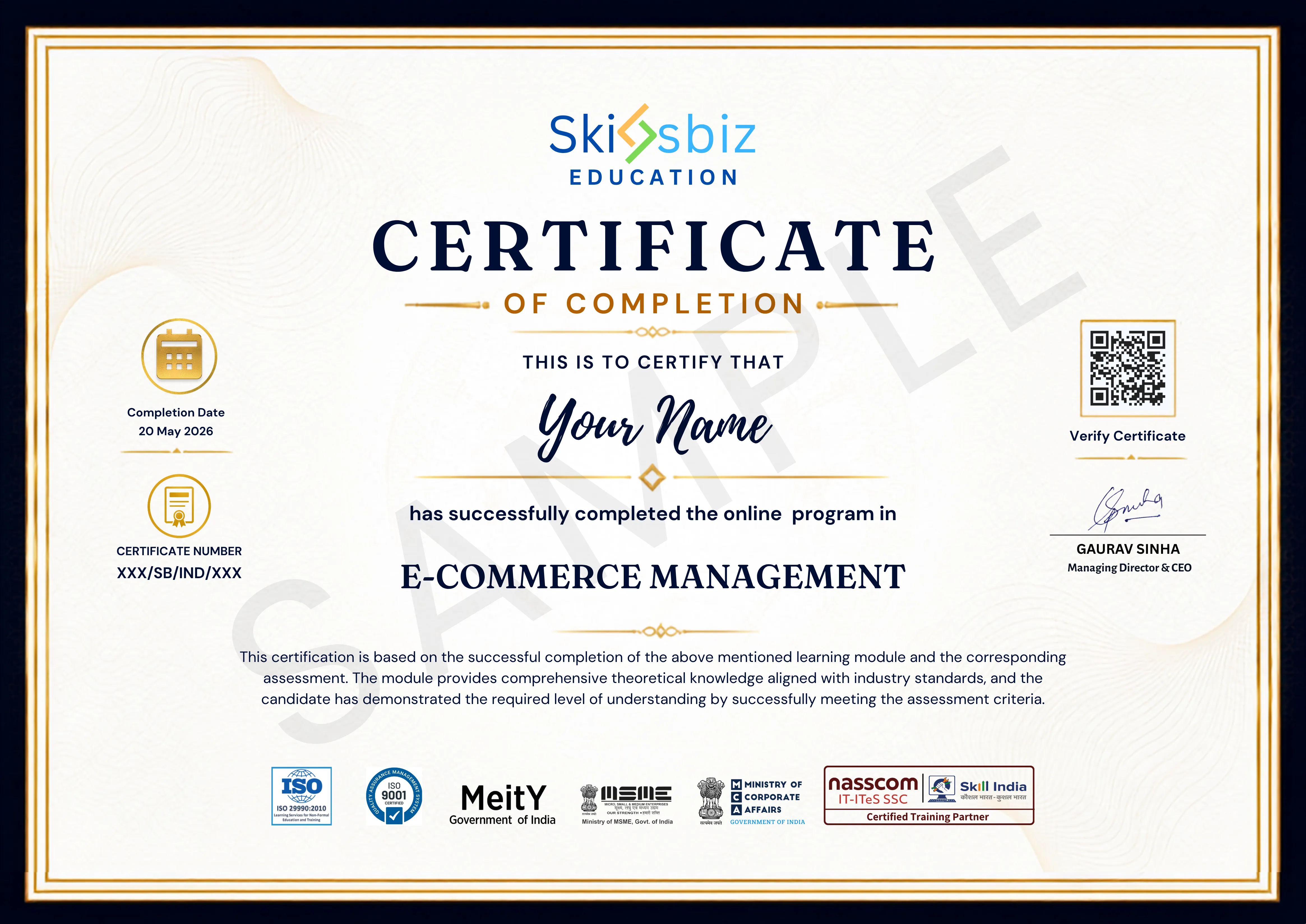 E-Commerce Management Professional Certification sample certificate