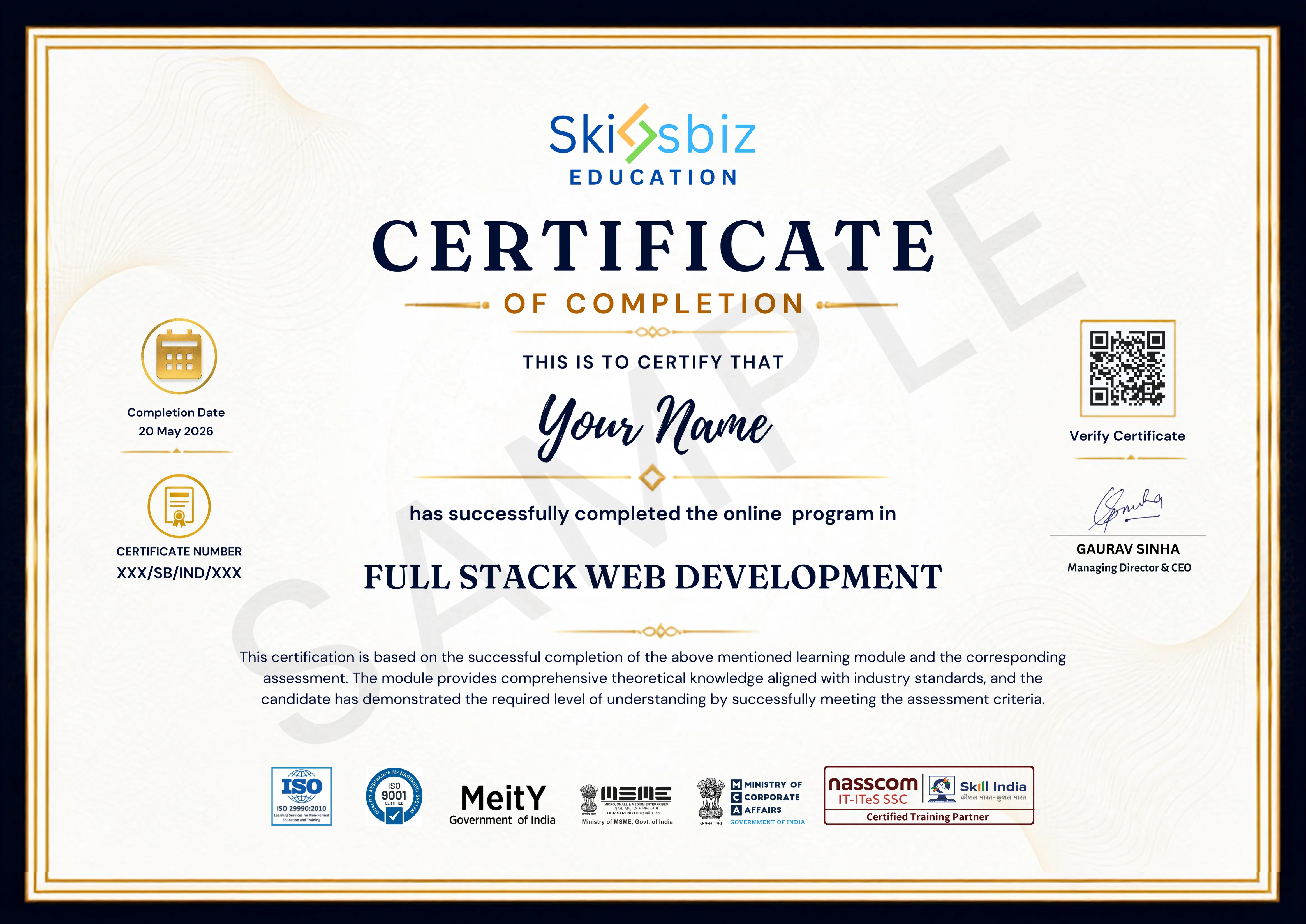 Full Stack Web Development Certification sample certificate