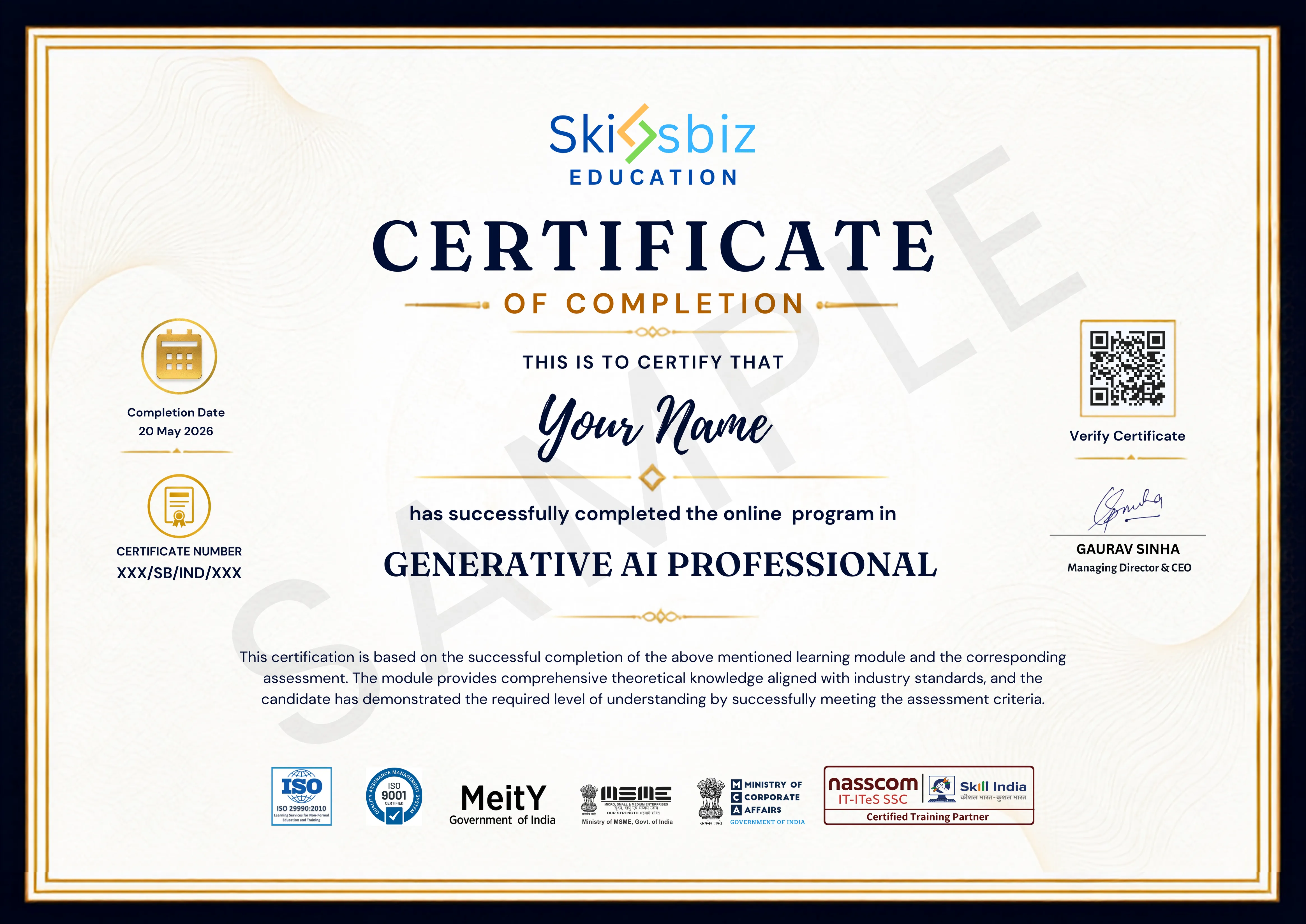 Generative AI Professional Certification sample certificate