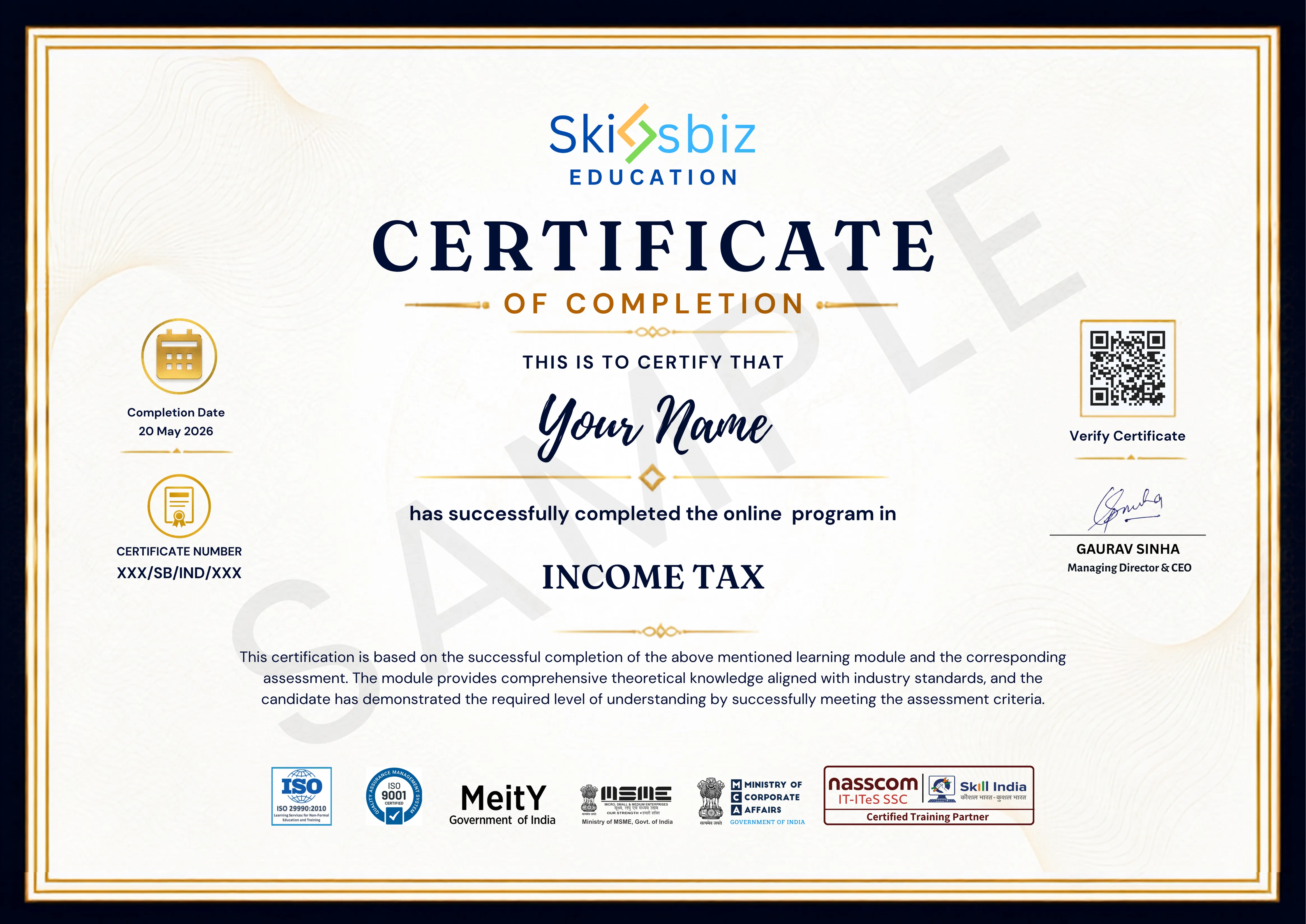 Income Tax Course – Practical Tax Filing & Compliance sample certificate