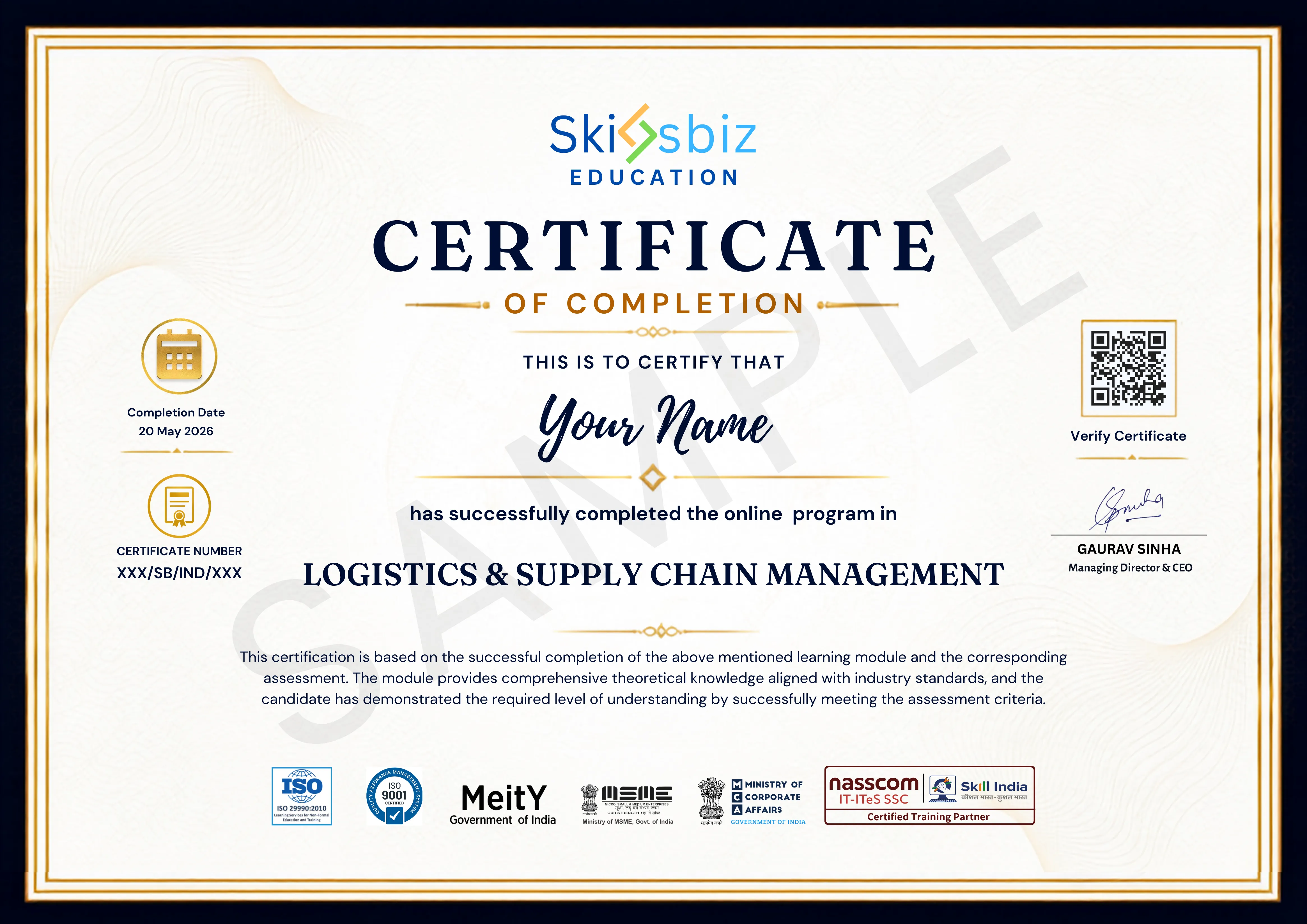 Logistics & Supply Chain Management Certification sample certificate