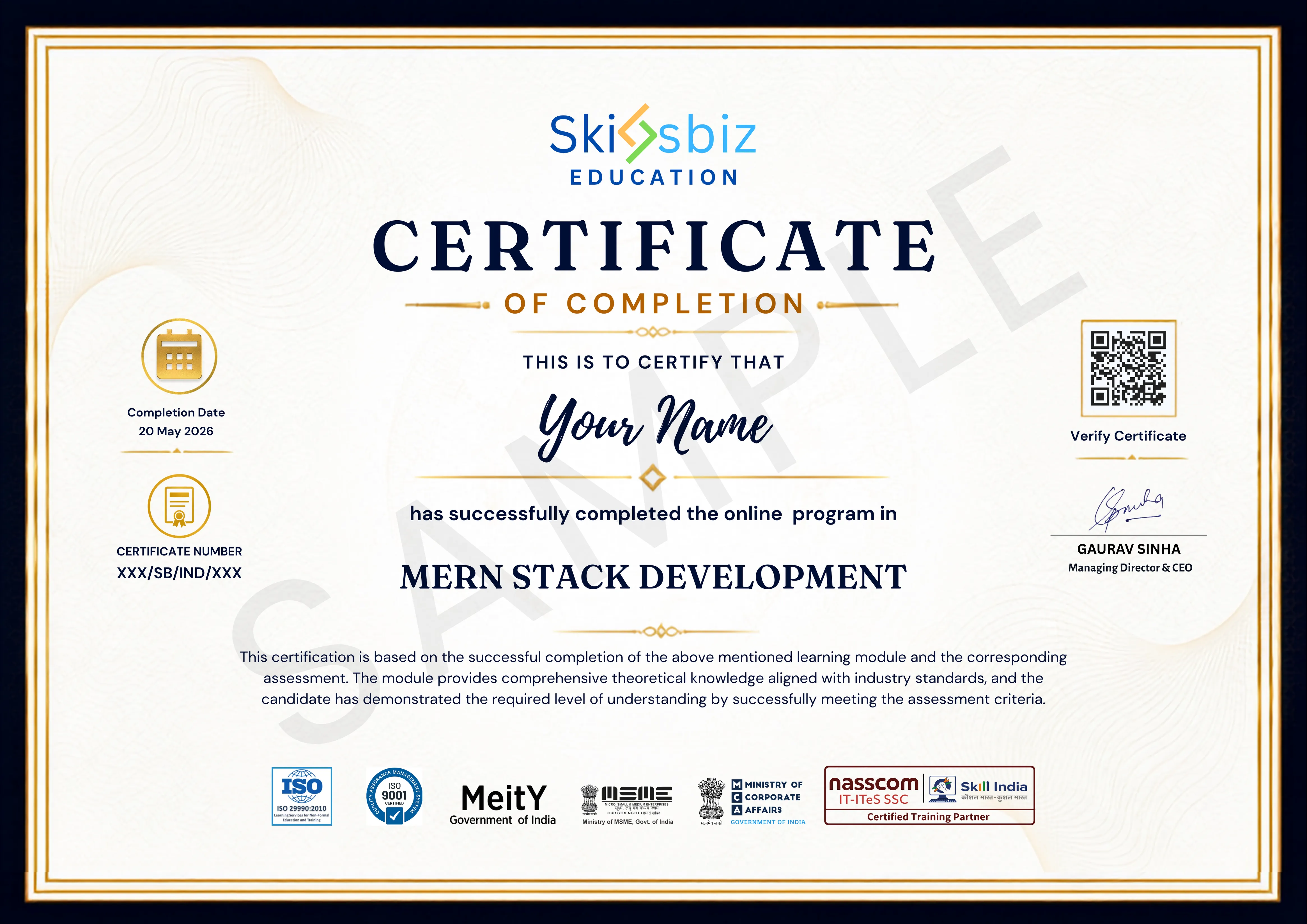MERN Stack Development Course – Full Stack Web Development sample certificate
