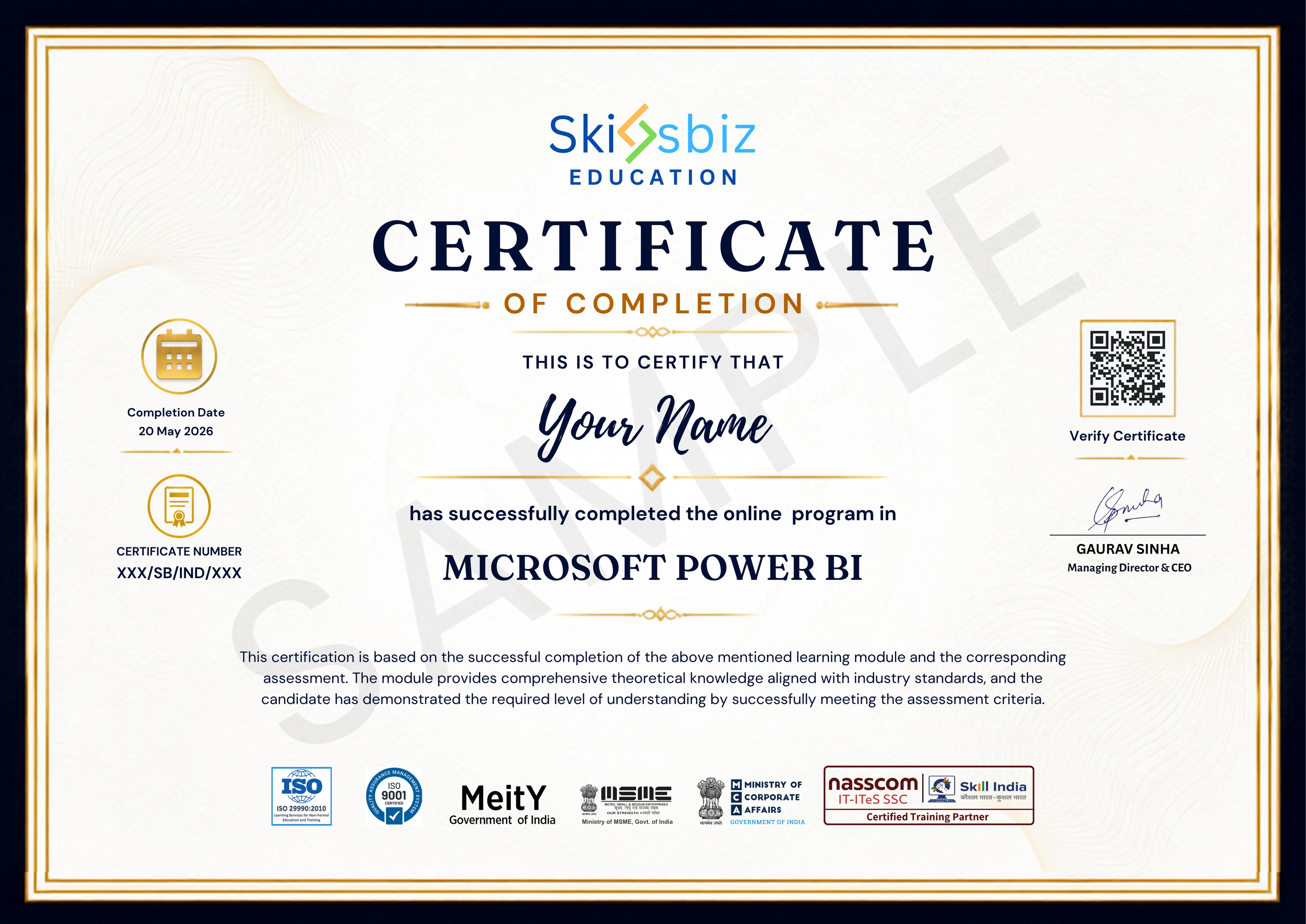 Microsoft Power BI Certification and Data Analytics sample certificate