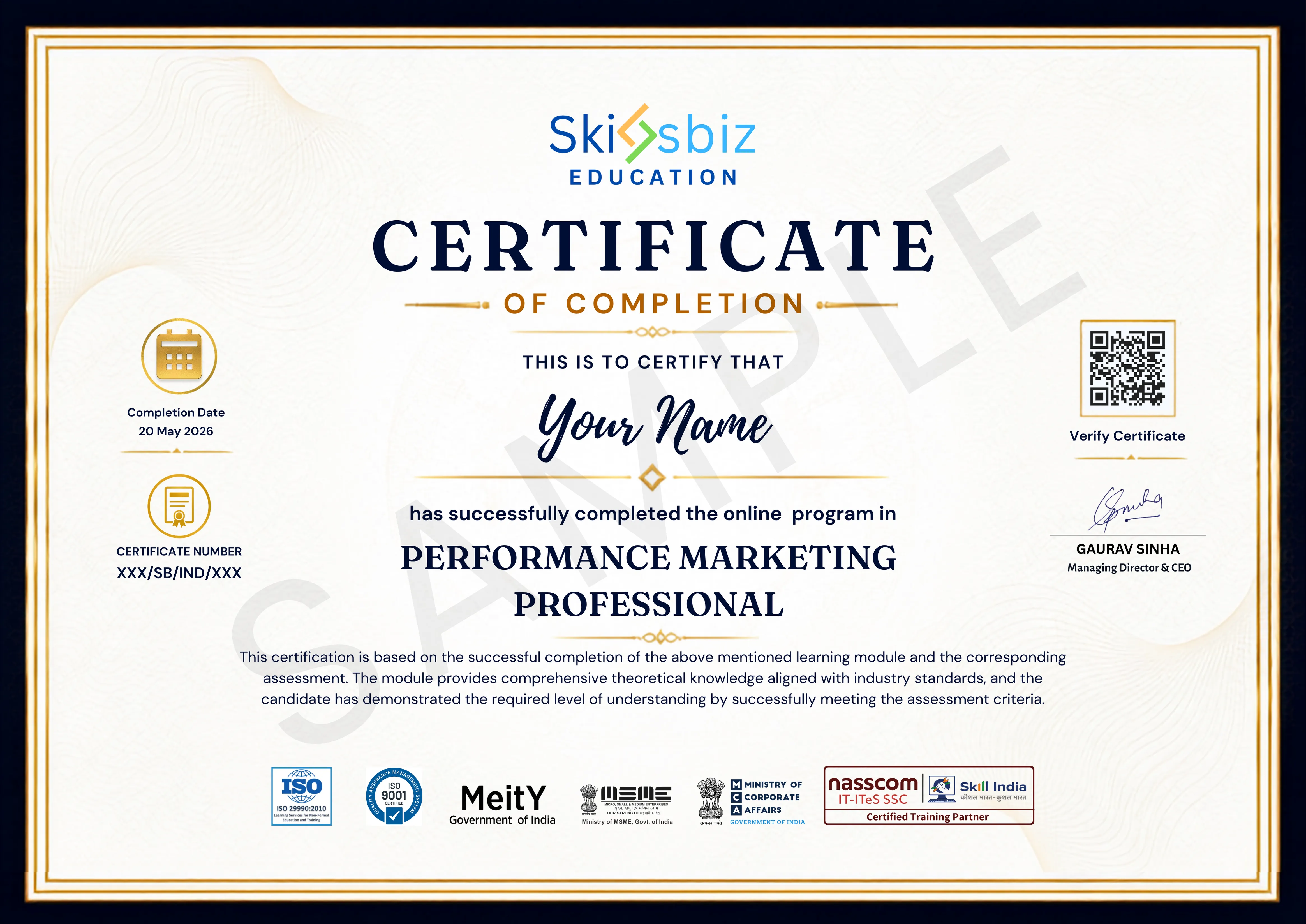 Performance Marketing Professional Certification sample certificate