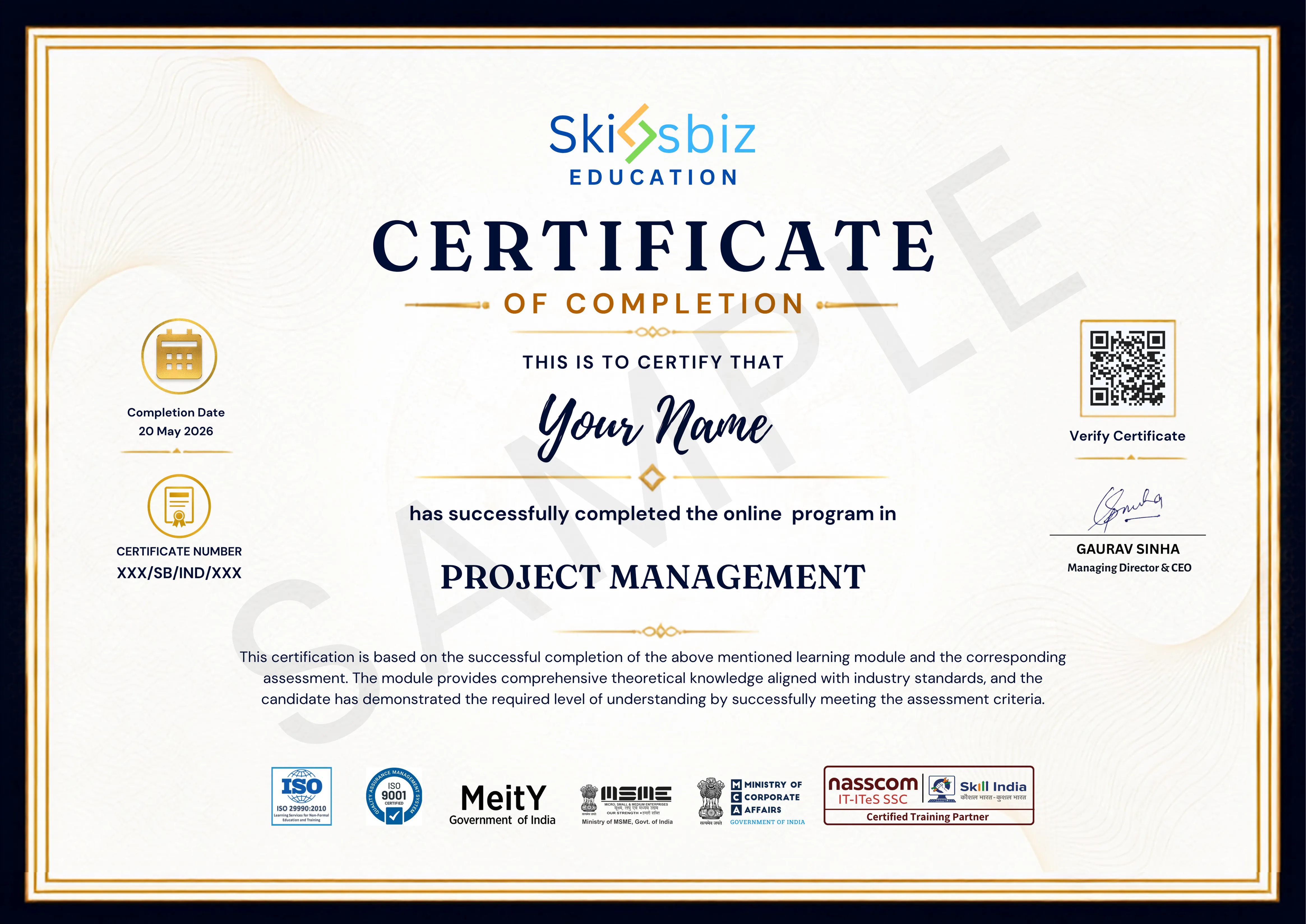 Project Management Professional Course for Career Growth sample certificate