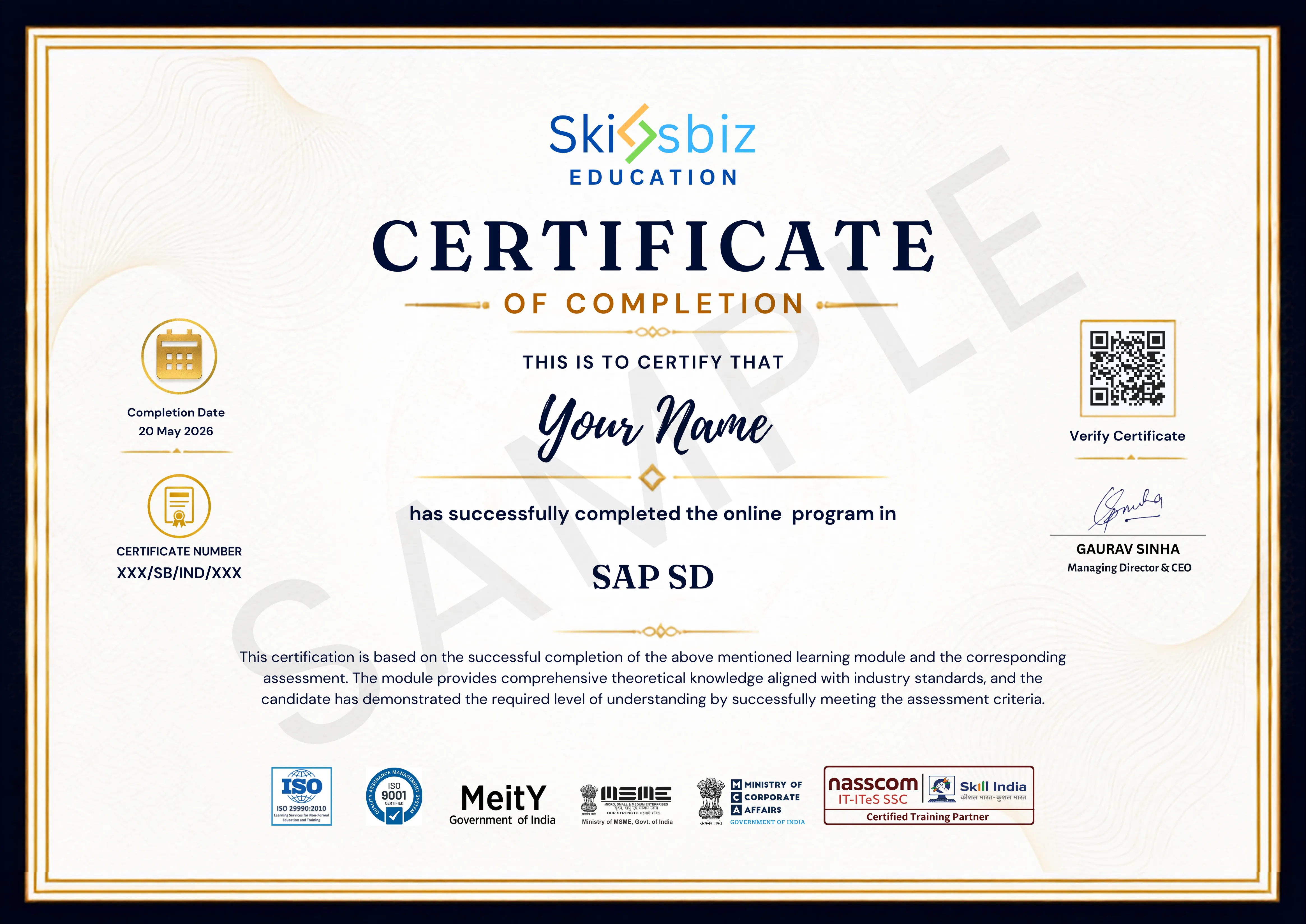 SAP SD Course – Sales and Distribution Training Program sample certificate