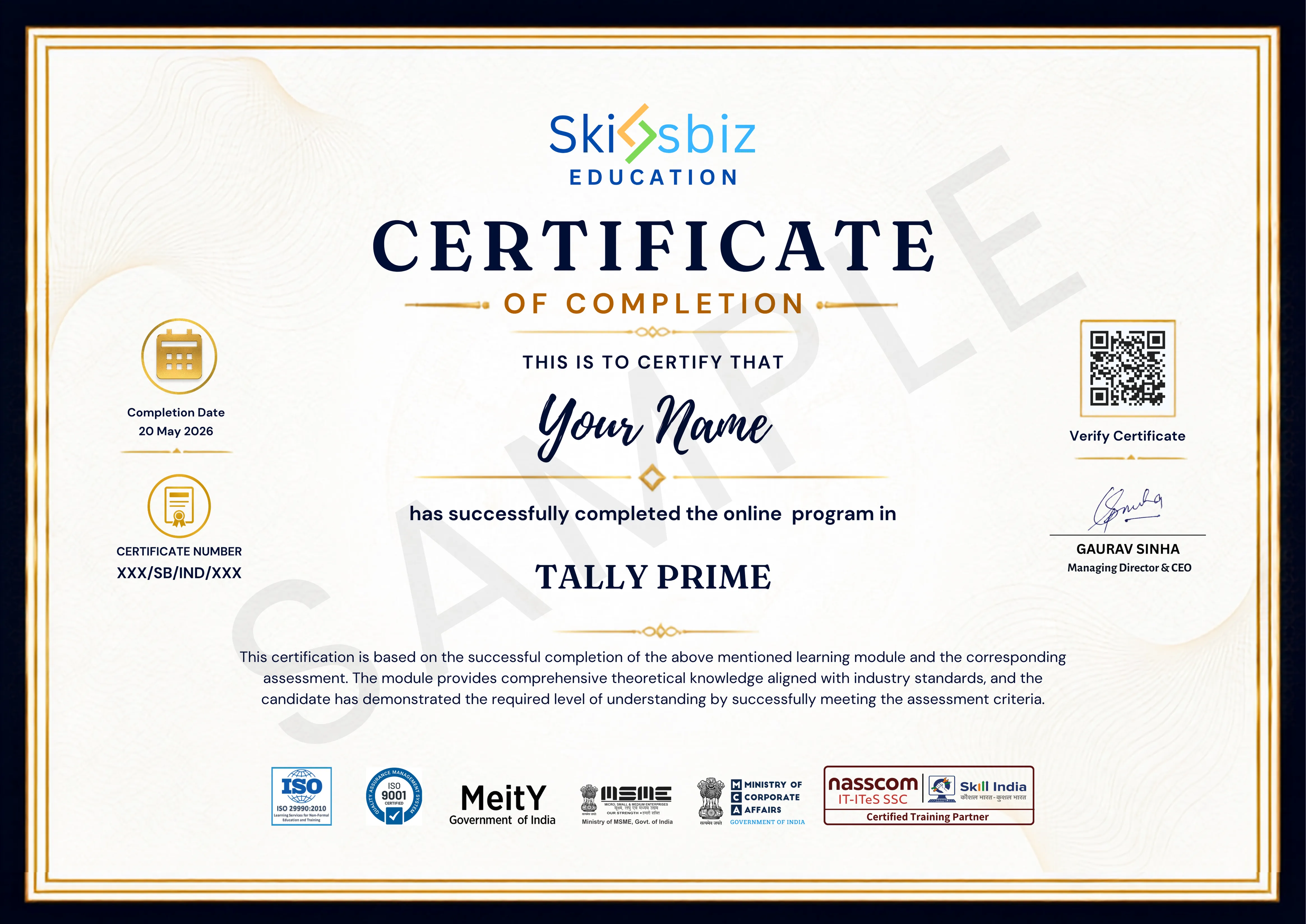 Tally Prime Course – Accounting, GST & Business Skills sample certificate