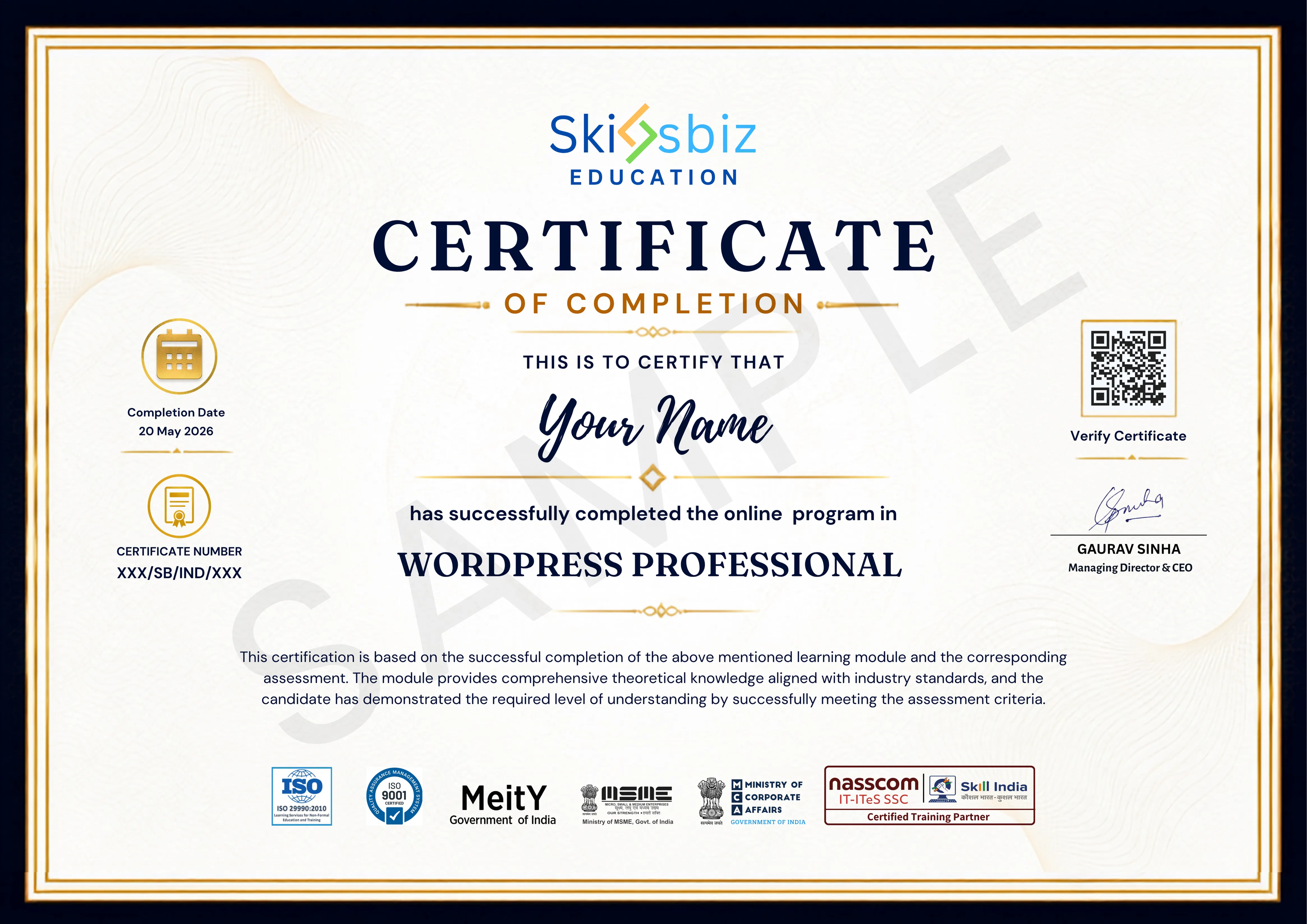 WordPress Professional Certification sample certificate